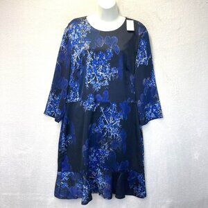 NWT Banana Republic Floral Dress Womens 14 Blue 3/4 Sleeve Ruffle Hem Office NEW